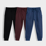 3 Pcs Cotton Joggers | Black, Wine, Blue