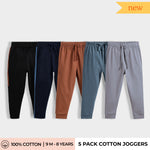 5 Pcs Cotton Joggers | Colour Block Black & Blue, Brown, Air Force Blue, Grey