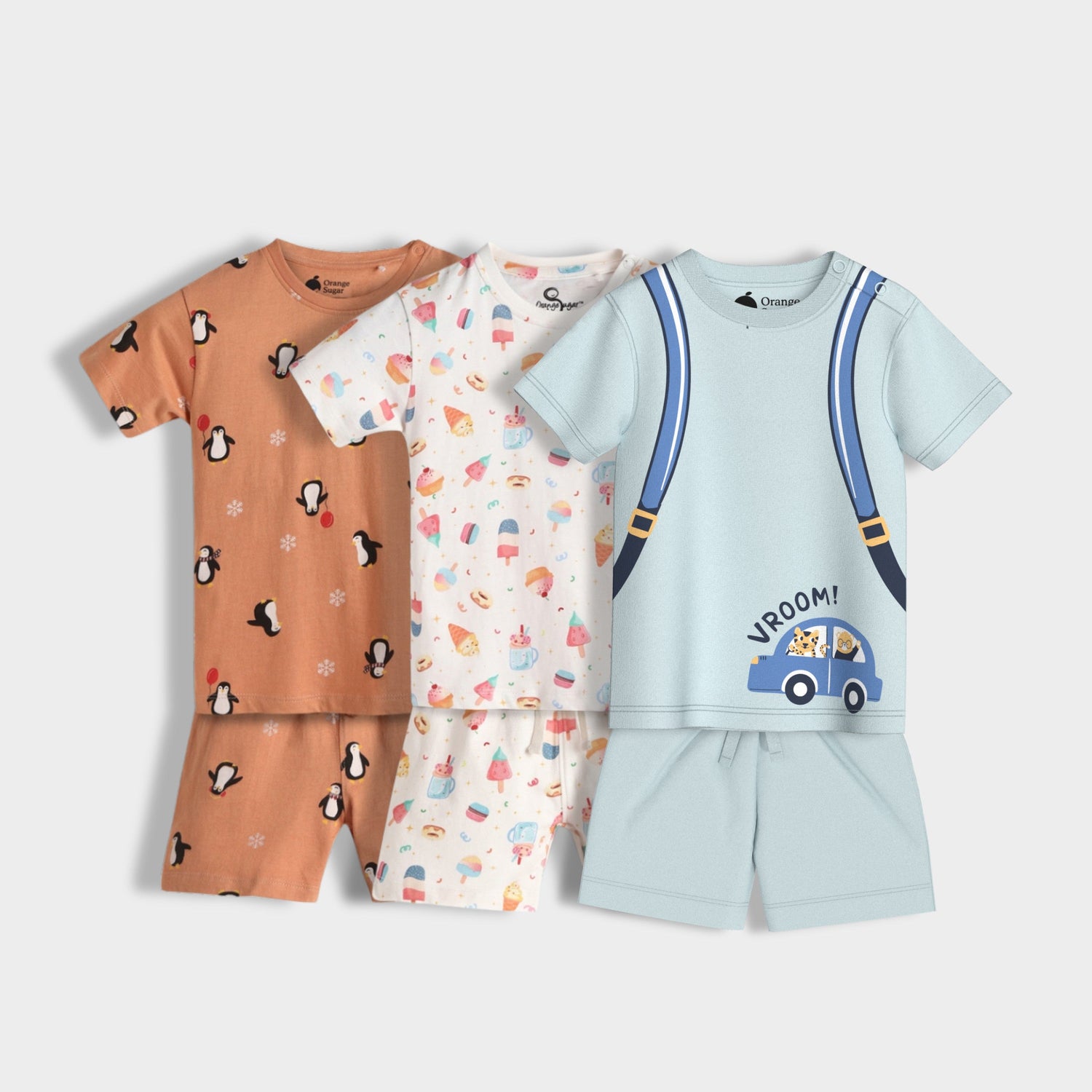 3 Pack T-Shirt & Shorts Unisex Co-ord Set | Penguin Chill, Frosty, Back Pack