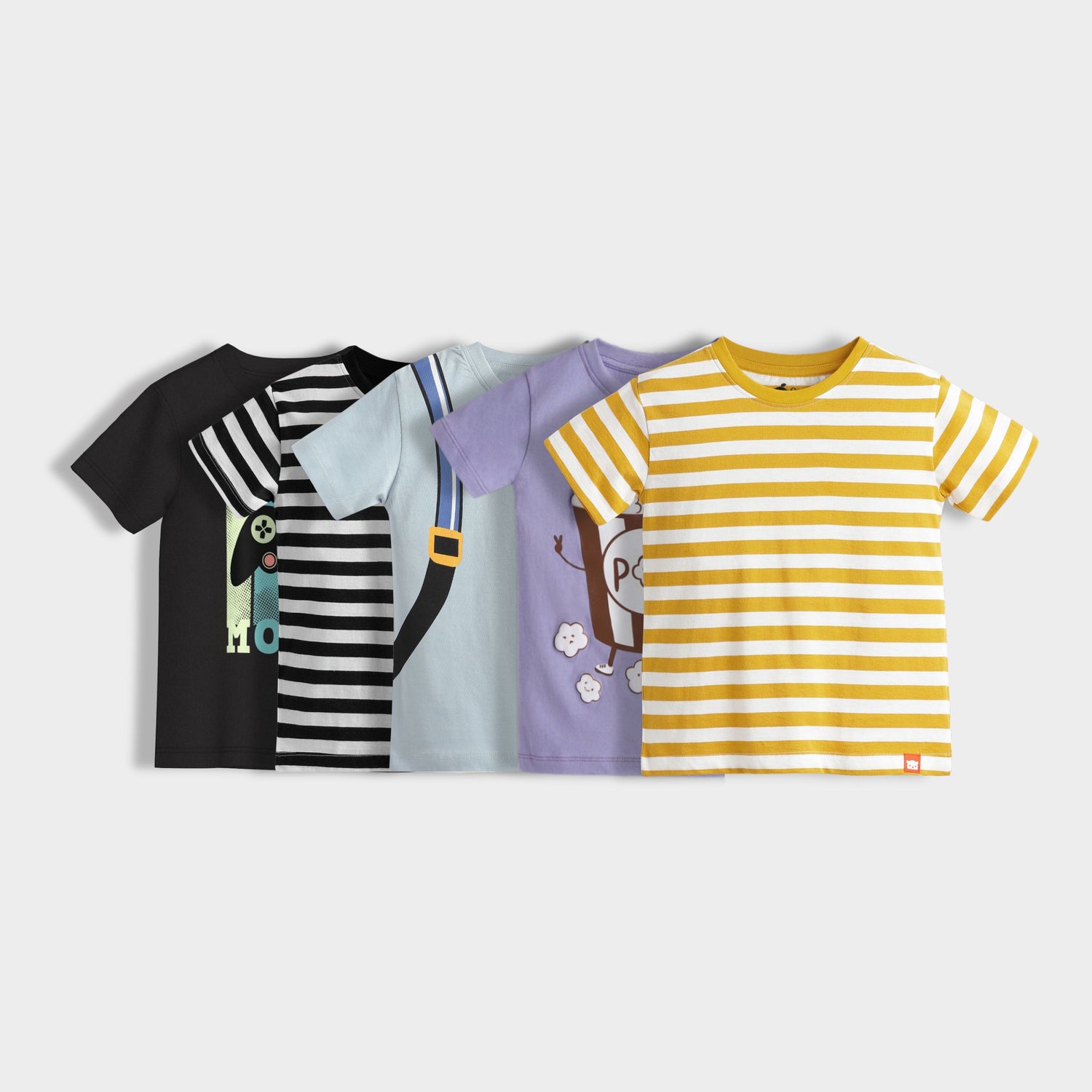 5 Pack Half Sleeves Unisex T-Shirts | Game Mode, Black Stripes, Back Pack, Popcorn, Yellow Stripes