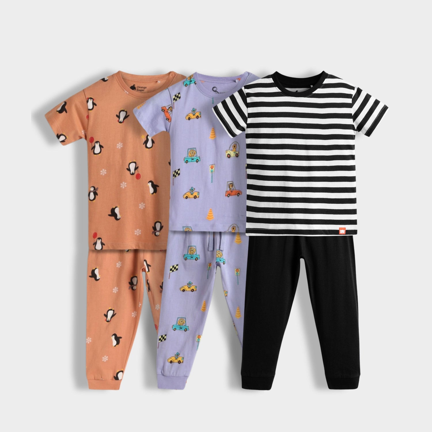 3 Pack Half Sleeves Unisex Co-ord Set | Penguin Chill, Cars, Black Stripes