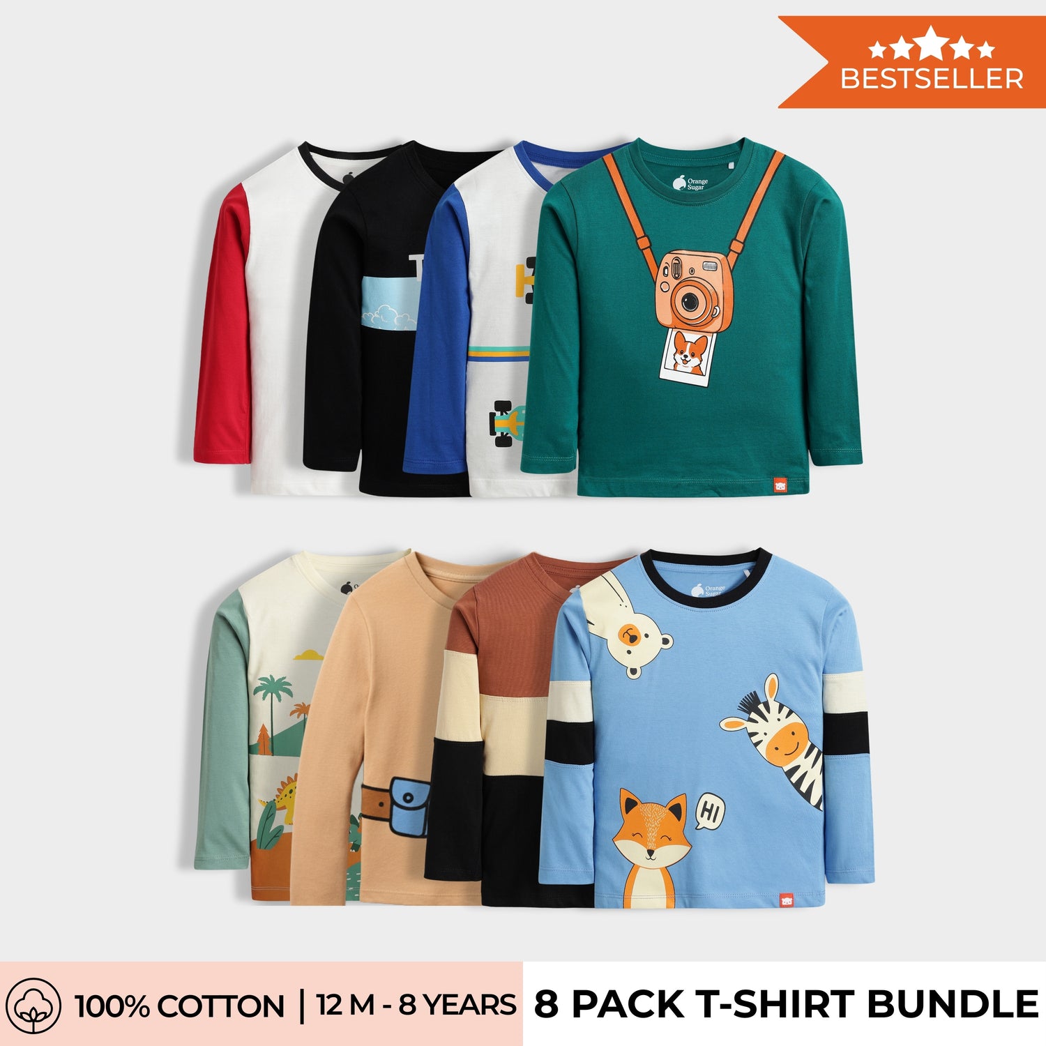 8 Pack Full Sleeves Unisex T-Shirts | Peek A Boo, Colour Block, Dino, Teddy, Camera, Space, Racing