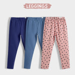 3 Pcs Leggings | Air Force Blue, Coral Pink Hearts, Royal Blue