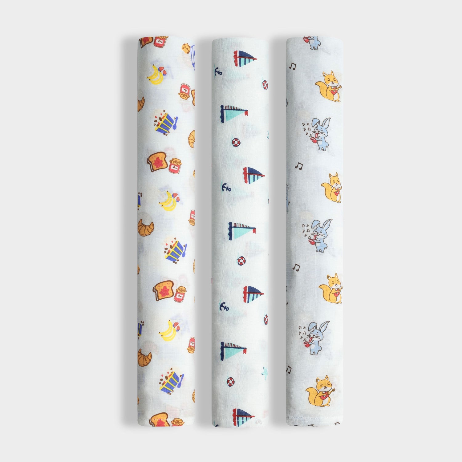 3 Pack Muslin Swaddle | Sailor, Jungle Jingles, Breakfast