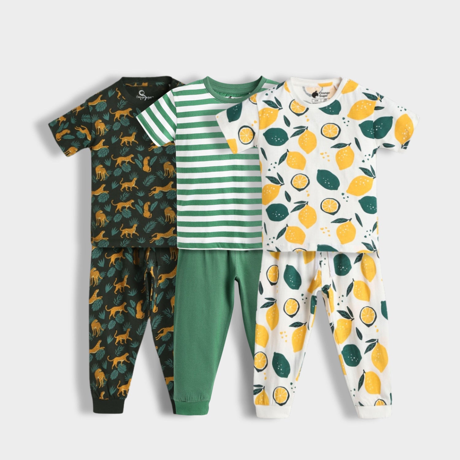 3 Pack Half Sleeves Unisex Co-ord Set | Cheetah, Green Stripes, Lemon