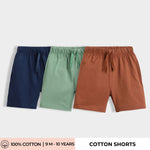 3 Pcs Cotton Shorts | Blue, Green, Brown