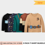 5 Pack Full Sleeves Unisex T-Shirts | Colour Block ,Teddy, Camera, Space Ship,Balloon