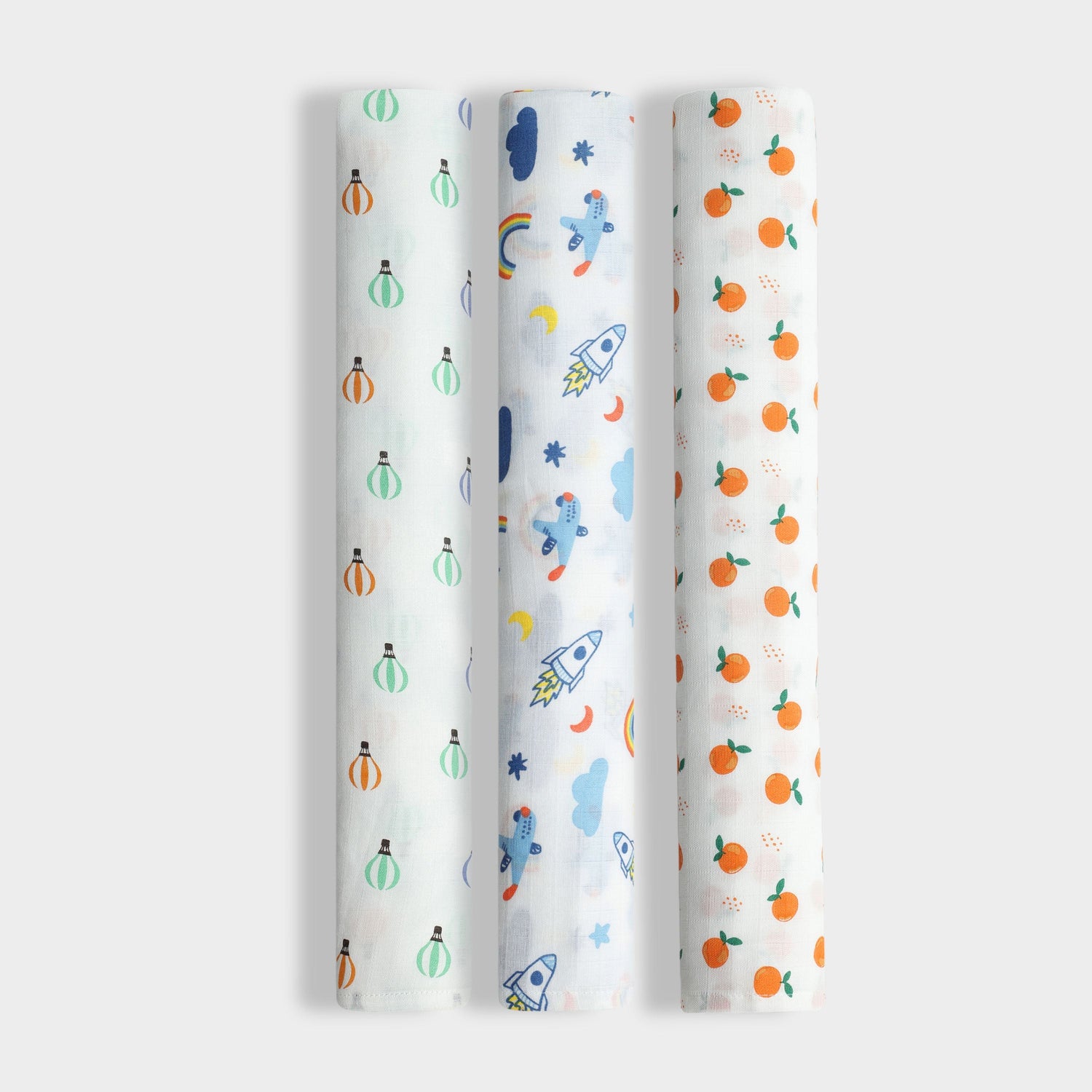 3 Pack Muslin Swaddle | Balloon Ride, Starry, Sweet Oranges