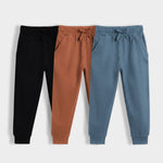 3 Pcs Cotton Joggers | Black, Brown, Air Force Blue