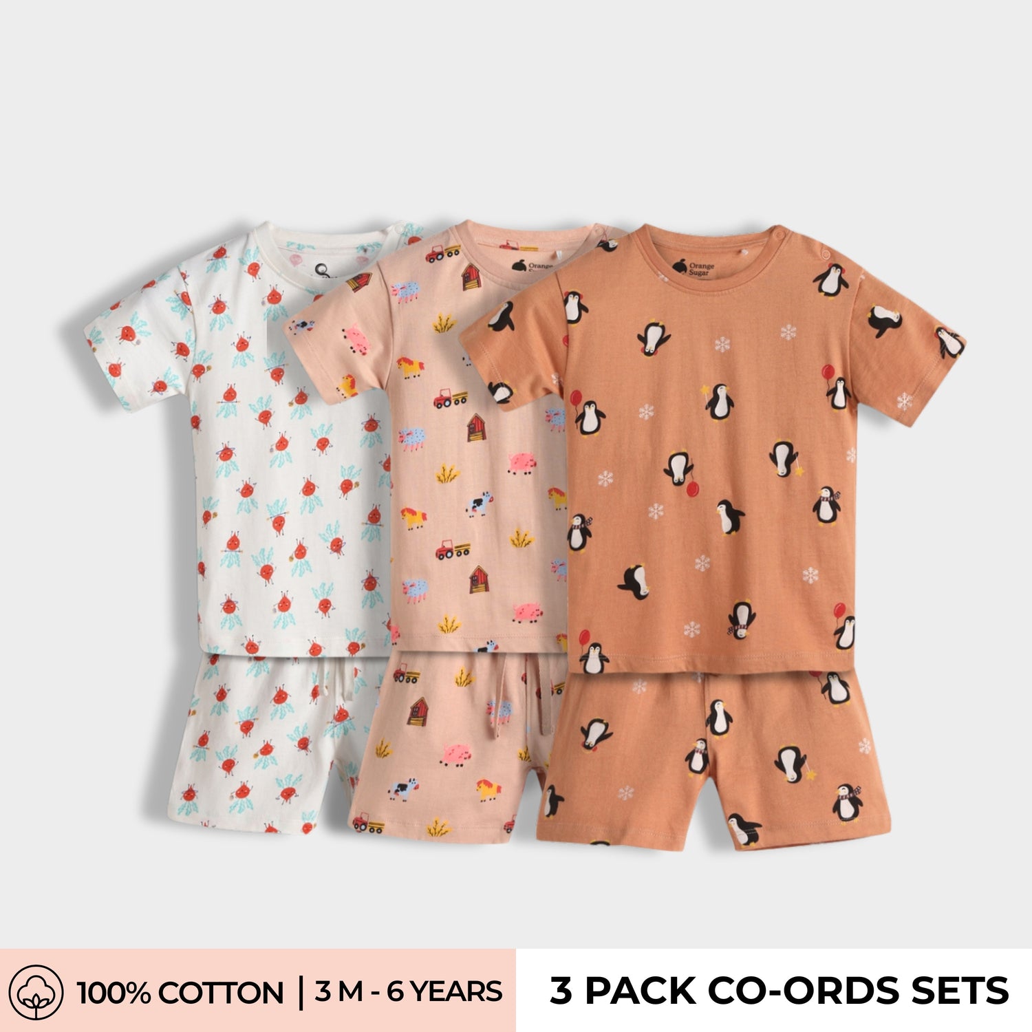 3 Pack T-Shirt & Shorts Unisex Co-ord Set | Farm, Beetroot, Penguin Chill
