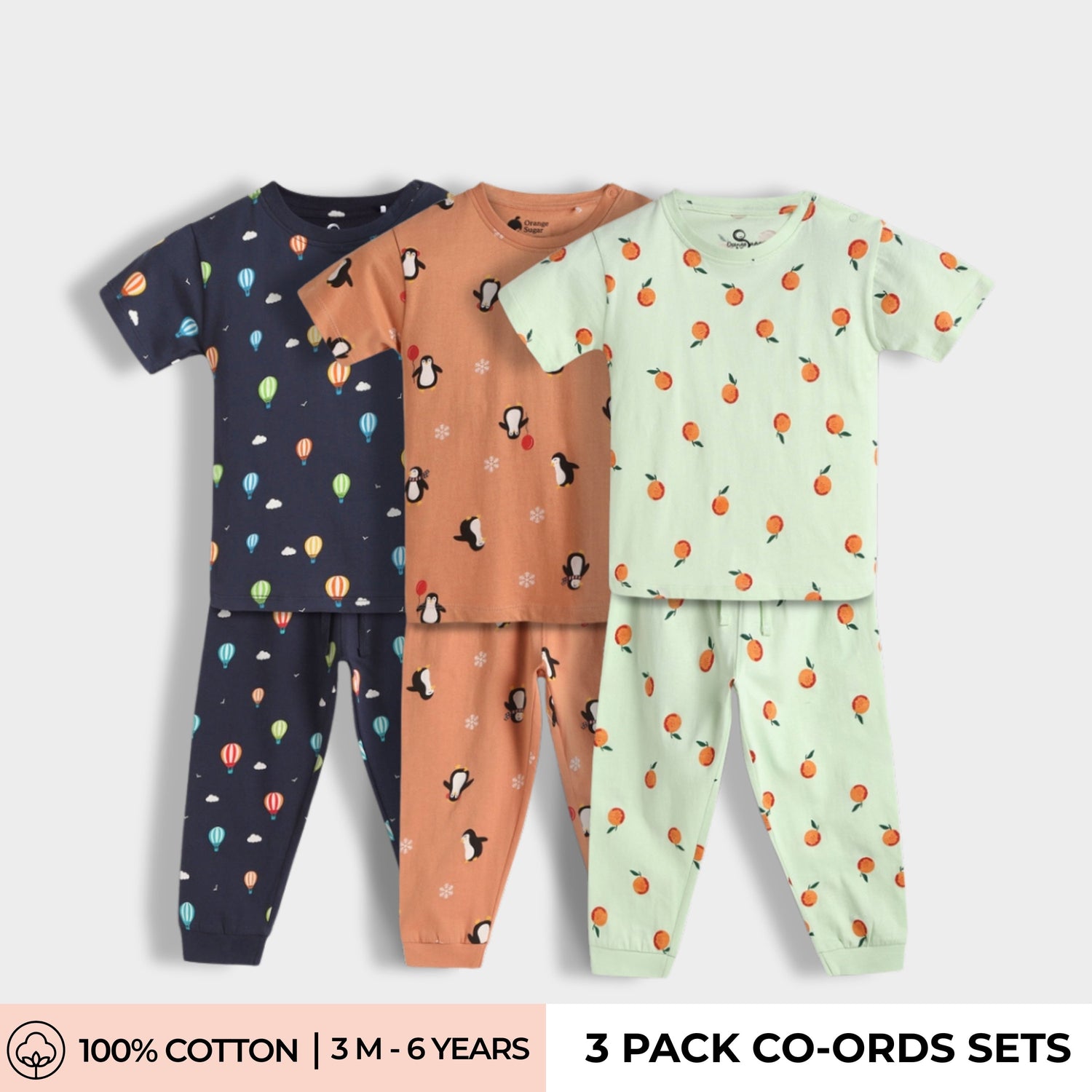 3 Pack Half Sleeves Unisex Co-ord Set | Penguin Chill, Hot Air & Orange Bliss