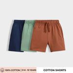 3 Pcs Cotton Shorts | Blue, Green, Brown