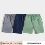 3 Pcs Cotton Shorts | Grey, Blue, Green