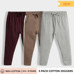 3 Pcs Cotton Joggers | Wine, Colour Block Biscuit, Melange Grey