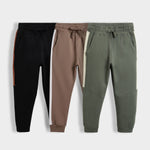 3 Pcs Cotton Joggers | Colour Block Black, Biscuit Brown,Colour Block Olive