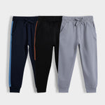 3 Pcs Cotton Joggers | Colour Block Blue, Colour Block Black, Grey