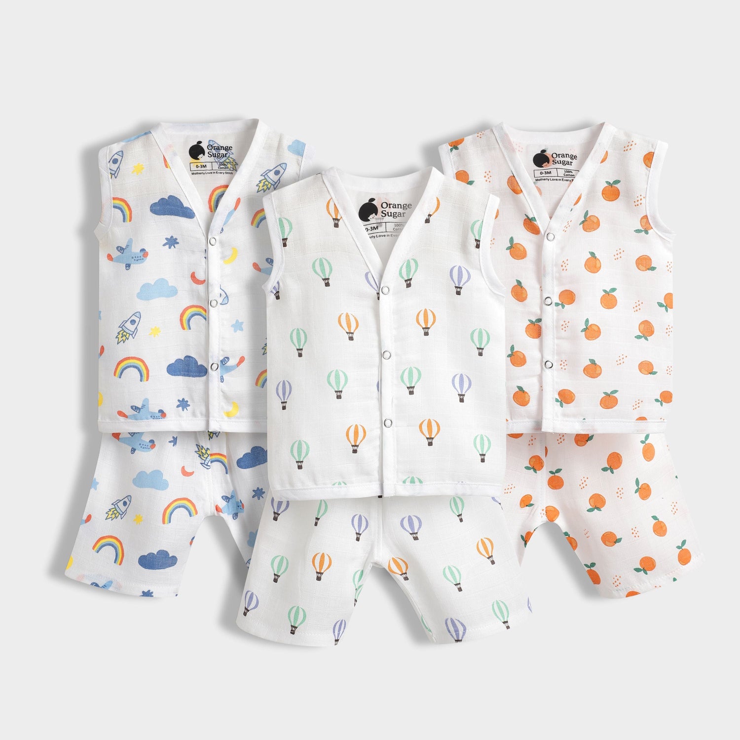 3 Pack Muslin Jhabla Co-ord Set | Balloon Ride, Starry, Sweet Oranges
