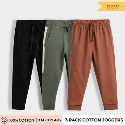3 Pcs Cotton Joggers | Black, Colour Block Olive, Brown