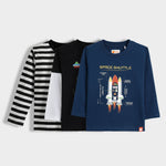 3 Pack Full Sleeves Unisex T-Shirts | Black Stripes, Game Buddy, Space Shuttle