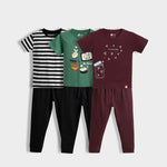 3 Pack Half Sleeves Unisex T-Shirt & Joggers Set | Black Stripes, Korea Love, Firefly Magic