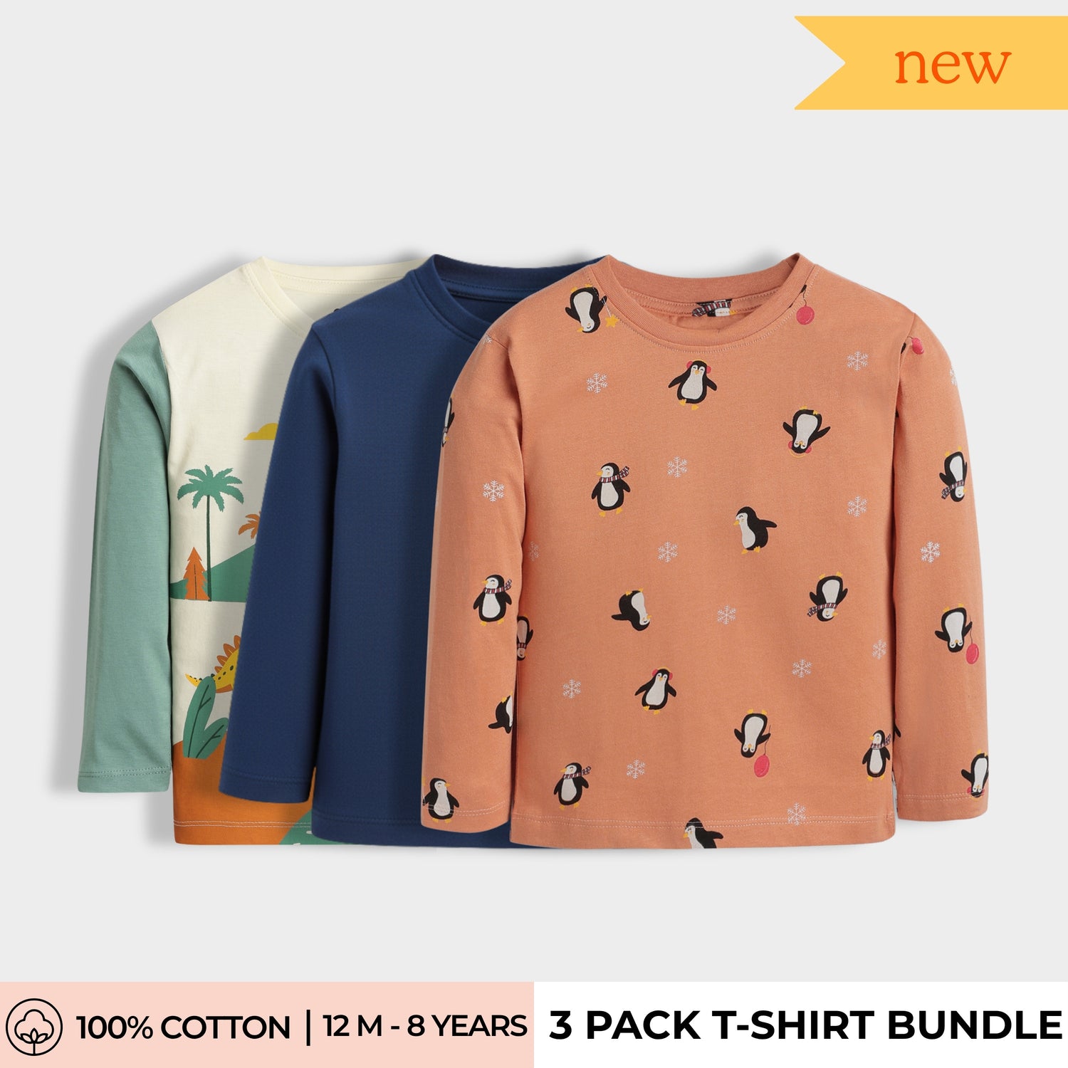 3 Pack Full Sleeves Unisex T-Shirts | Dino, Blue, Penguin Chill