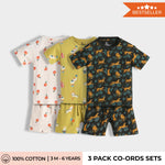 3 Pack T-Shirt & Shorts Unisex Co-ord Set | Oranges, Cheetah & Circus