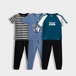 3 Pack Half Sleeves Unisex T-Shirt & Joggers Set | Black Stripes, I Am Cool, Little Rockstar