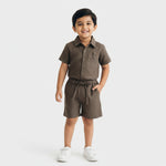 Half Sleeves Unisex Cotton Linen Shirt & Shorts Co-ord Set | Olive earth
