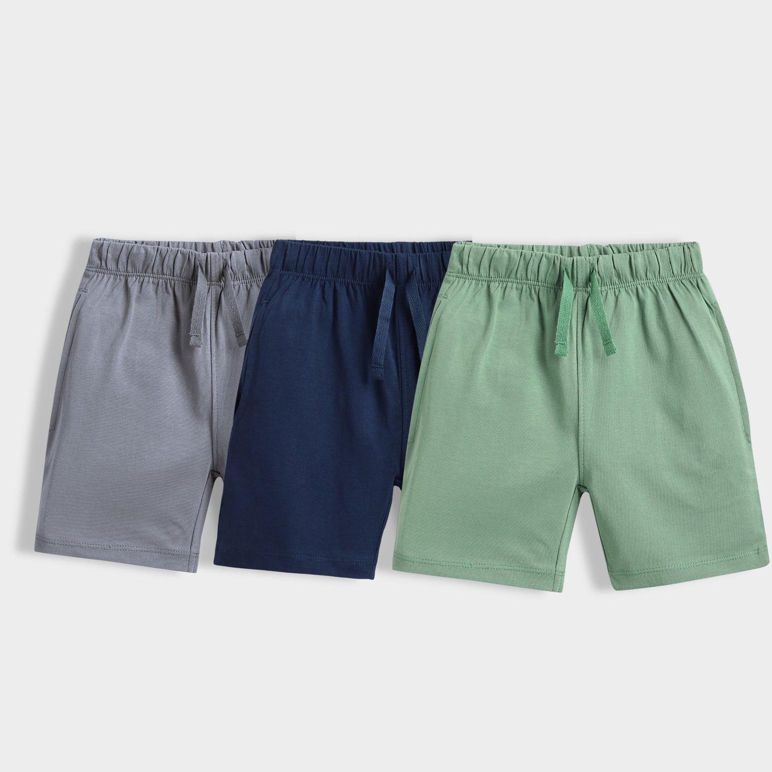 3 Pcs Cotton Shorts | Grey, Blue, Green