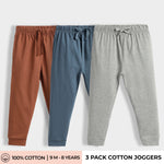 3 Pcs Cotton Joggers | Brown, Air Force Blue, Melange Grey