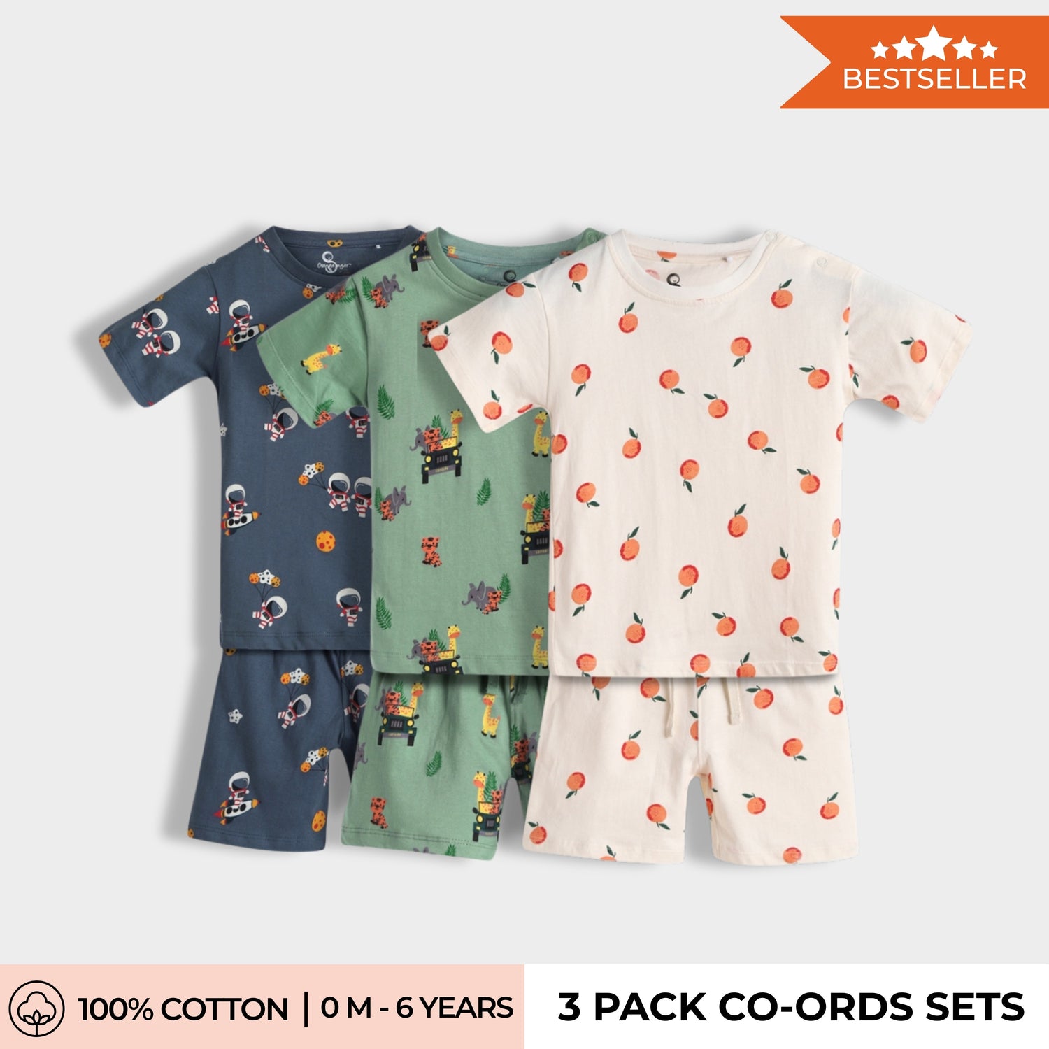 3 Pack T-Shirt & Shorts Unisex Co-ord Set | Jungle, Space & Orange