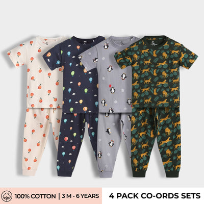 4 Pack Half Sleeves Unisex Co-ord Set | Cheetah, Hot Air, Oranges & Penguin