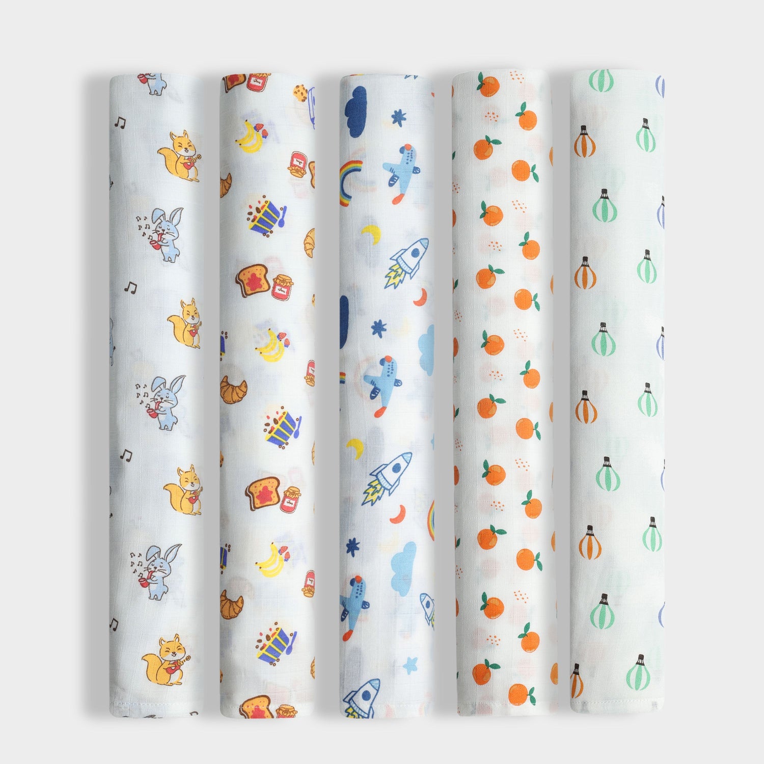 5 Pack Muslin Swaddle | Jungle Jingles, Breakfast, Starry, Sweet Oranges, Balloon Ride