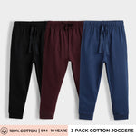 3 Pcs Cotton Joggers | Black, Wine, Blue