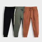 3 Pcs Cotton Joggers | Black, Colour Block Olive, Brown