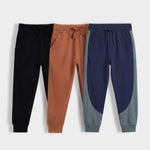 3 Pcs Cotton Joggers | Black, Brown, Colour Block Navy