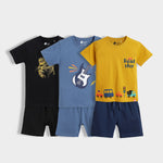 3 Pack T-Shirt & Shorts Unisex Co-ord Set | Fearless Lion, Little Rockstar, Road Trip