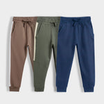 3 Pcs Cotton Joggers | Biscuit Brown, Colour Block Olive Green, Royal Blue