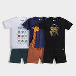 3 Pack T-Shirt & Shorts Unisex Co-ord Set | Little Planet, Sporty Giraffe, Fearless Lion