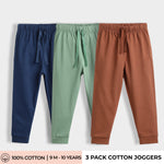 3 Pcs Cotton Joggers | Blue, Green, Brown