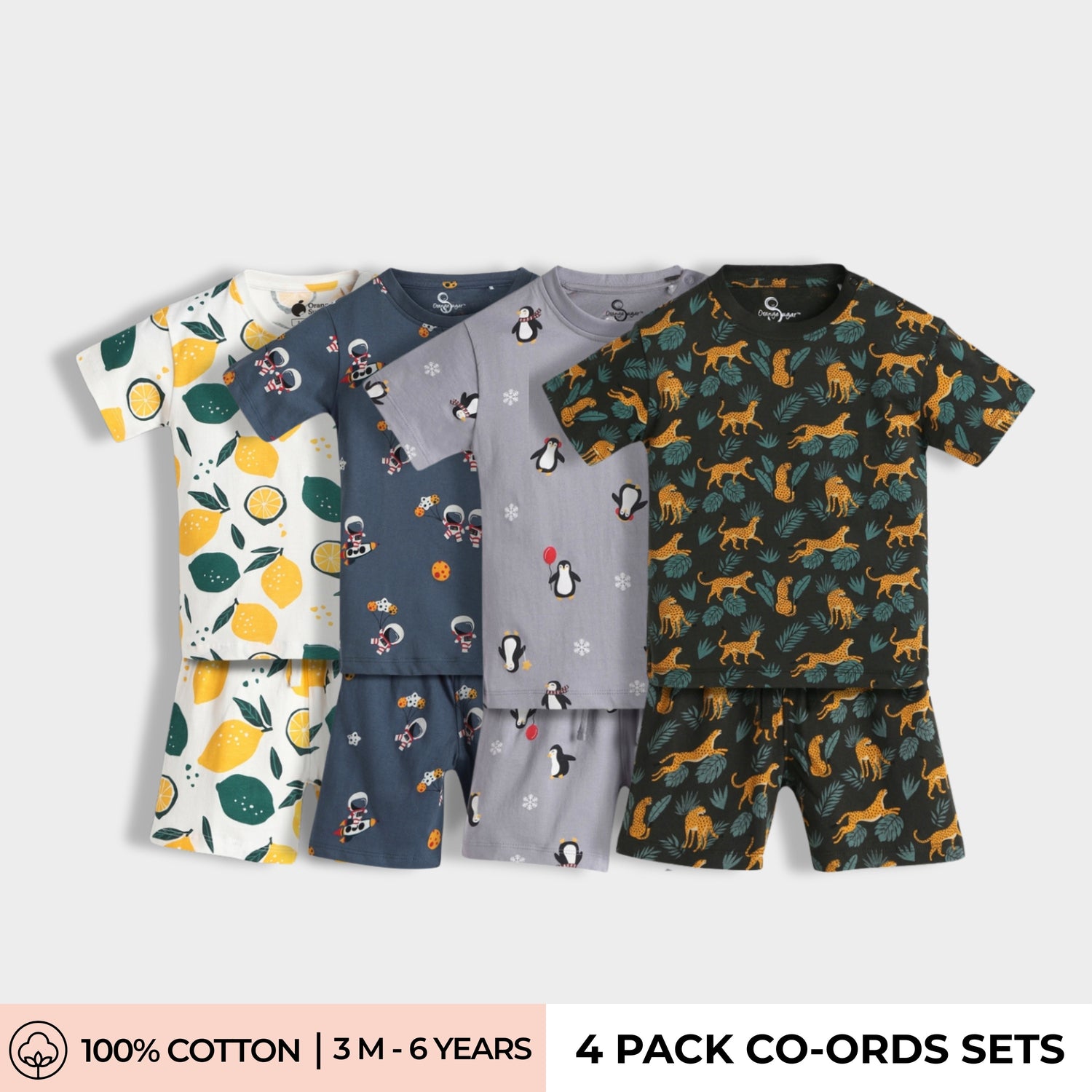 4 Pack T-Shirt & Shorts Unisex Co-ord Set | Space, Lemon, Penguin & Cheetah