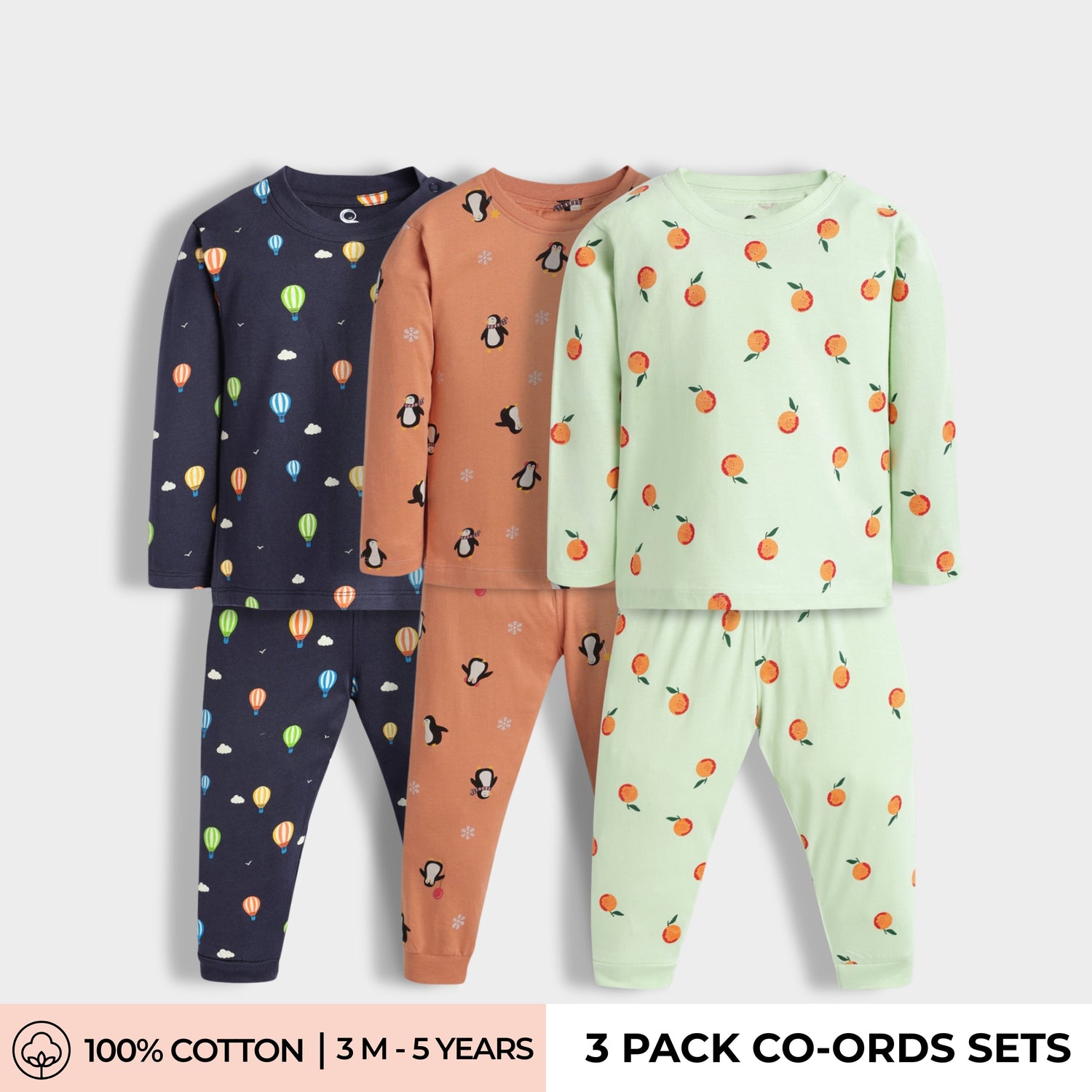 3 Pack Full Sleeves Unisex Co-ord Set | Penguin Chill, Hot Air & Orange Bliss