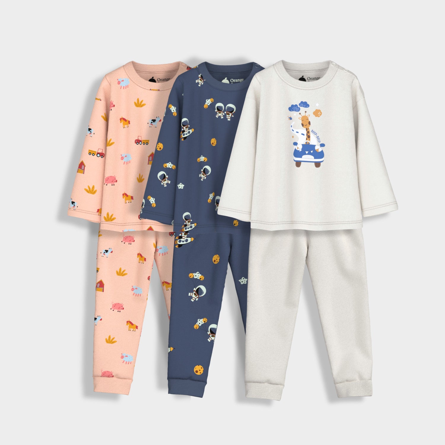 3 Pack Full Sleeves Unisex Co-ord Set | Giraffe Beep, Farm, Space