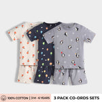 3 Pack T-Shirt & Shorts Unisex Co-ord Set | Oranges, Penguin & Hot Air