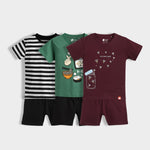 3 Pack T-Shirt & Shorts Unisex Co-ord Set | Black Stripes, Korea Love, Firefly Magic