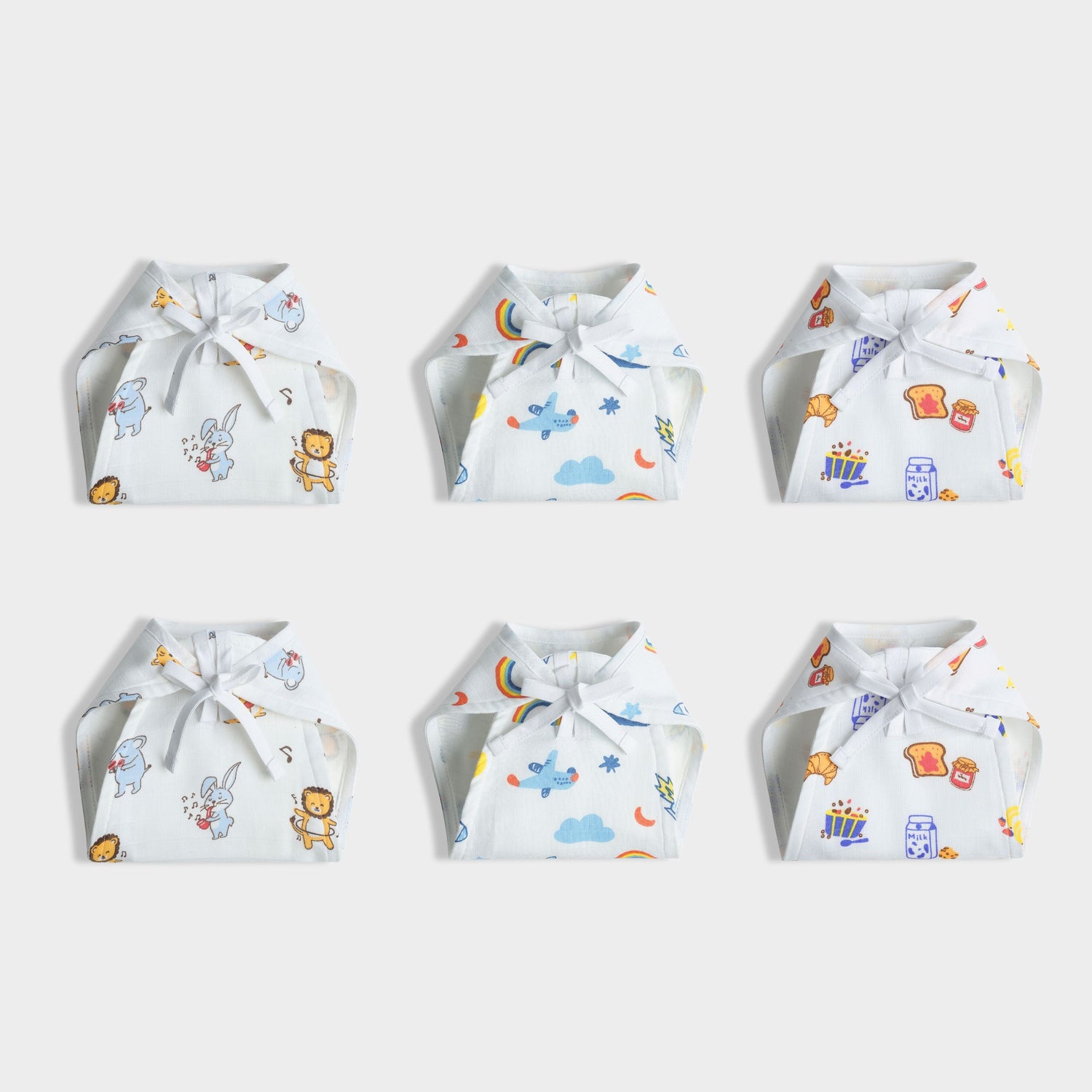 6 Pack Muslin Nappies | Jungle Jingles, Starry, Breakfast