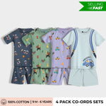 4 Pack T-Shirt & Shorts Unisex Co-ord Set | Space, Jungle, Cars, Back Pack