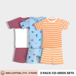 3 Pack T-Shirt & Shorts Unisex Co-ord Set | Underwater, Orange Stripes, Berry