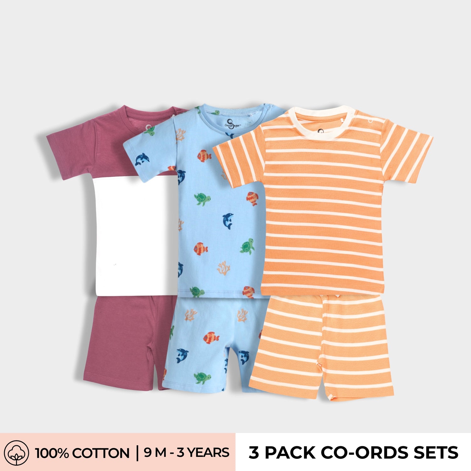 3 Pack T-Shirt & Shorts Unisex Co-ord Set | Underwater, Orange Stripes, Berry