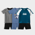 3 Pack T-Shirt & Shorts Unisex Co-ord Set | Black Stripes, I Am Cool, Little Rockstar